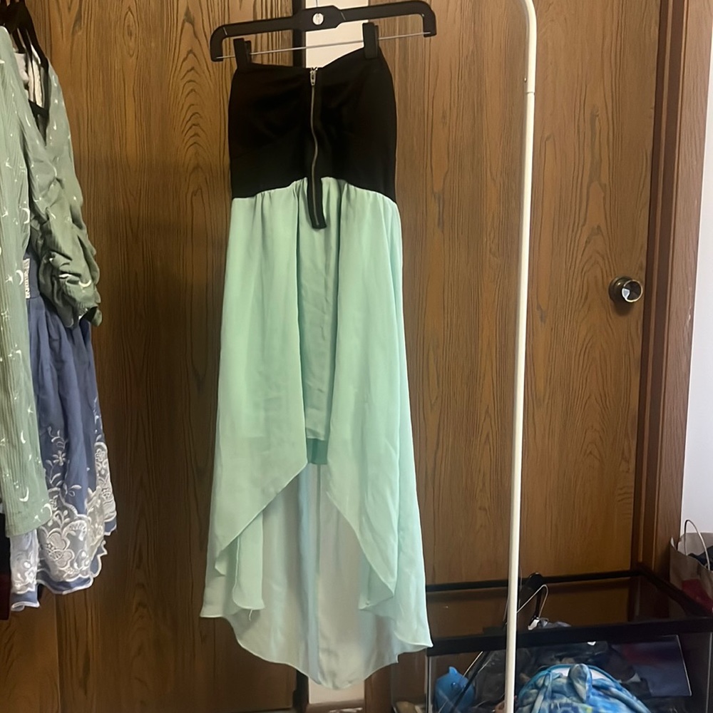 Mint green and black strapless high low dress
